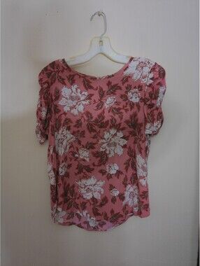 Loft Blouse Womens Pink Floral Short Sleeve Top Size S Small Keyhole Back‎